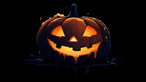Glowing jack o lantern with dripping candle wax grin.