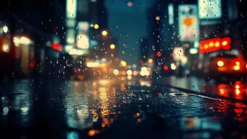 Rain soaked city street with neon bokeh lights at night.