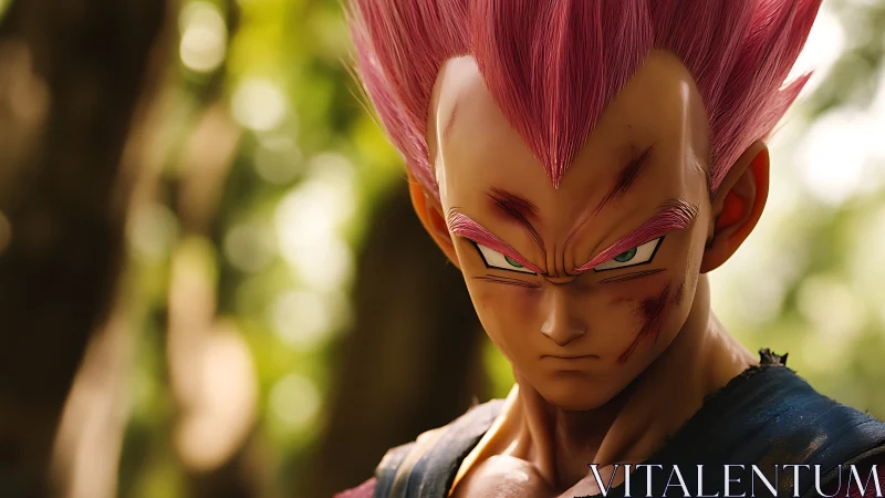 Battle-worn pink-haired warrior under shallow depth of field.