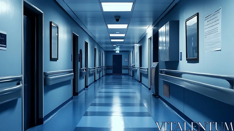 Empty hospital corridor with blue lighting and doors.