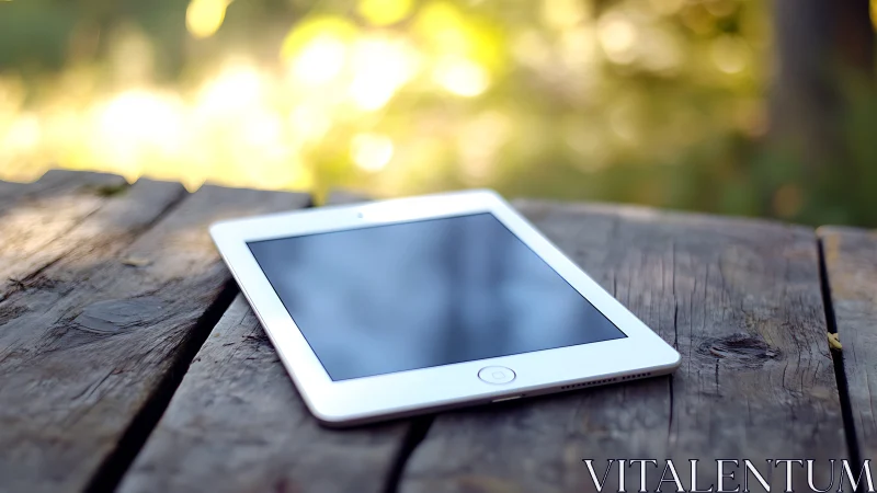 White Tablet Resting on Rustic Wood in Warm Sunlight.