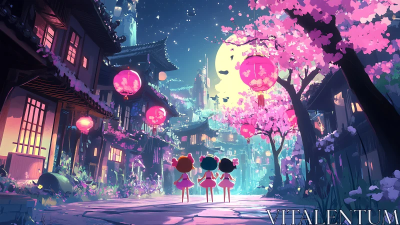 Three children in neon-lit sakura street under full moon