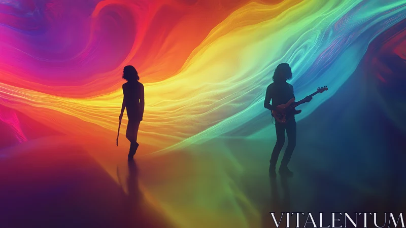 Silhouetted musicians before multicolor abstract light field.