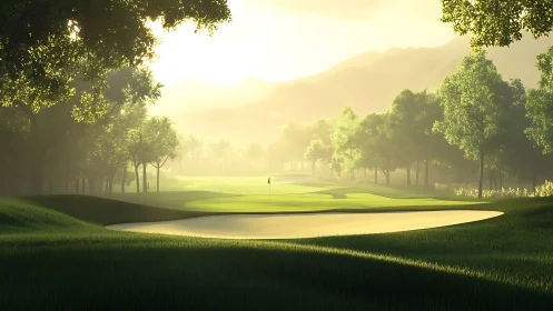 Sunlit golf fairway unfolds beyond tranquil sand bunker.