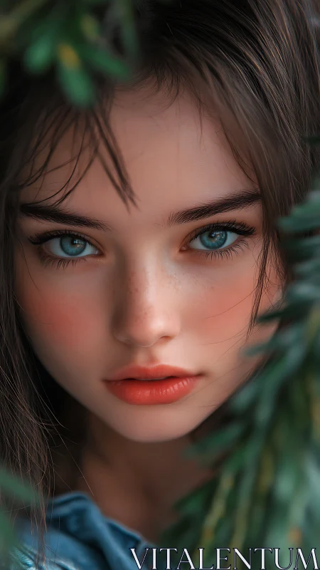 Forest-framed sapphire gaze with quiet wildfire calm.