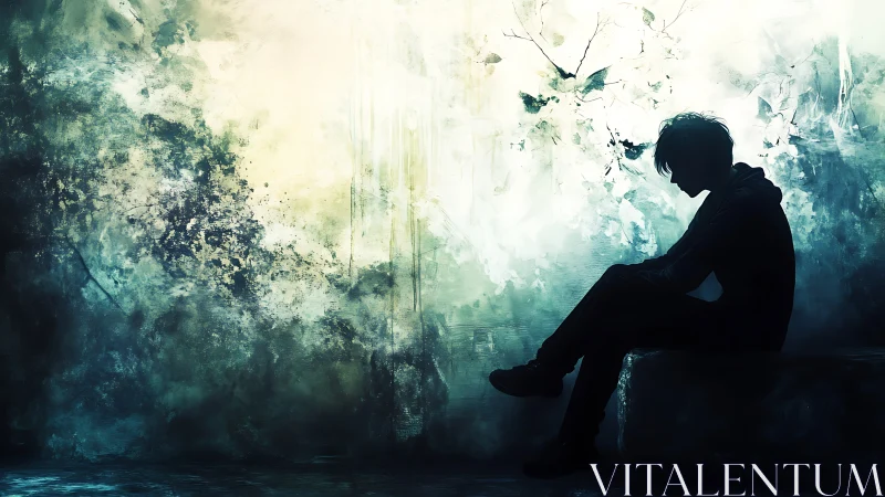 Silhouetted person sits against abstract textured backdrop