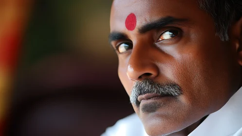 Intense portrait shows stern gaze and bold red forehead mark