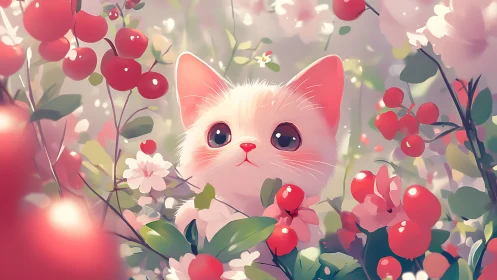 Berry-bright kitten listens for secrets in the garden hush