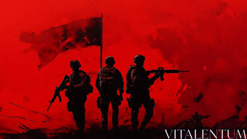 Silhouette soldiers under torn red war flag at dusk.