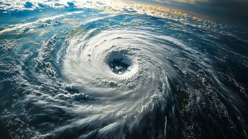 Satellite hurricane eye swirls above turbulent blue ocean.
