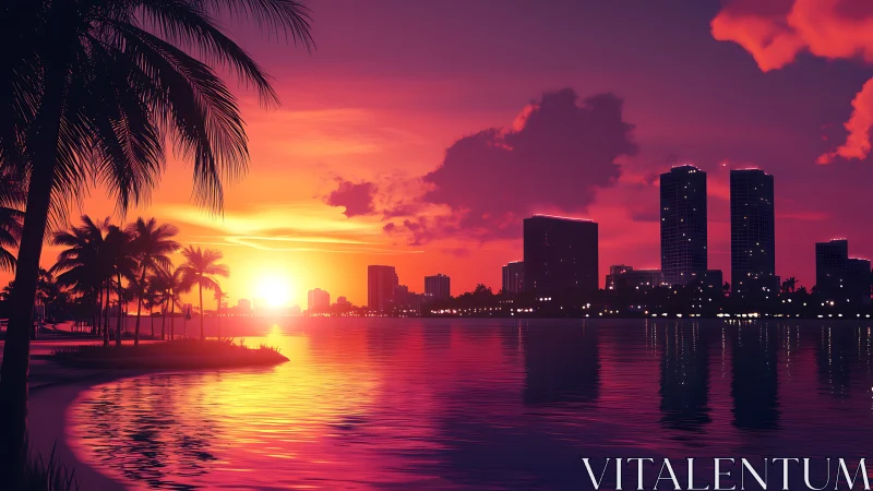 Neon tropical city sunset over calm reflective bay waters.