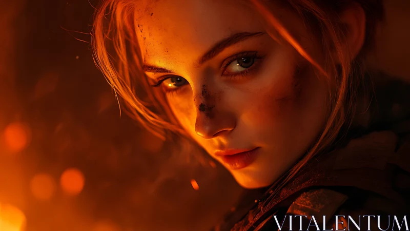 Fierce female fighter portrait in intense firelight glow.