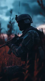 Silhouetted tactical soldier in dusk-lit battlefield grassland.