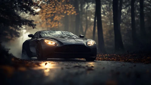 Black sports car cuts through misty forest road at dusk