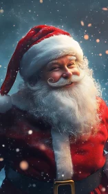 Snowlit Santa laughs under swirling winter stardust sky.