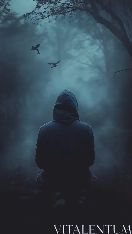 Quiet hooded figure resting in a moody misty forest night.