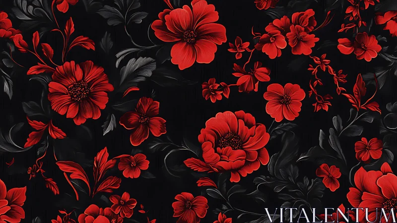 Red Floral Pattern on Black Background with Botanical Details