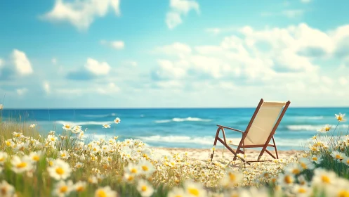 Deck chair faces calm ocean beyond foreground daisies