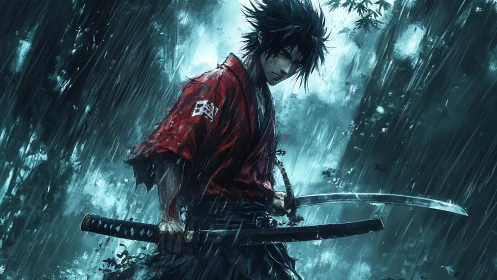 Samurai figure with dual katanas in heavy rainfall scene.