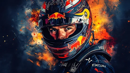 Racing driver portrait in fireburst livery helmet, frontal view
