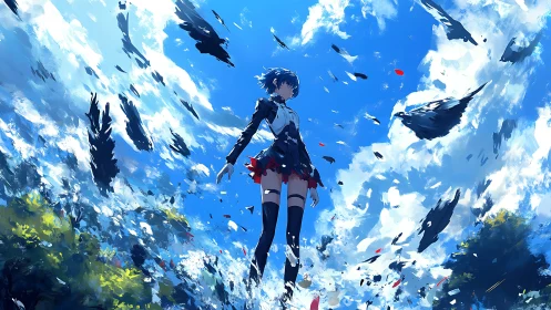 Dynamic low‑angle anime scene renders levitating schoolgirl midair