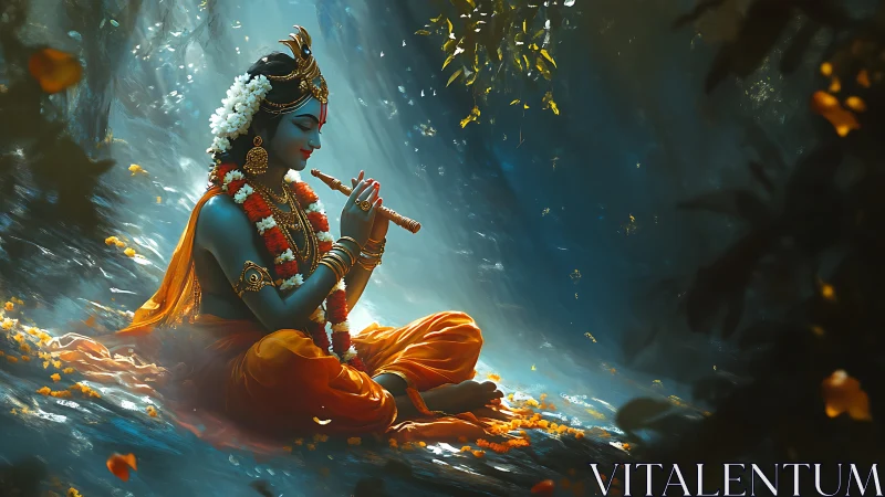 Krishna in a forest glade playing flute in soft light.