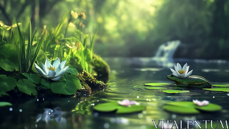 Frog on reflective lily pads in shallow stream with depth-of-field bokeh