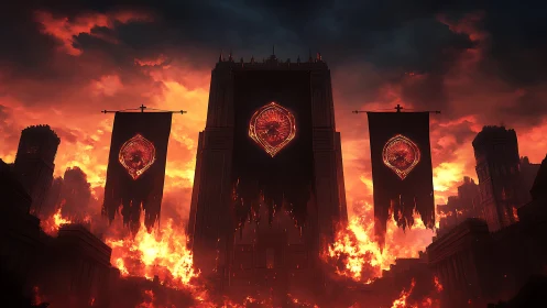 Burning citadel draped in fierce crimson war banners.