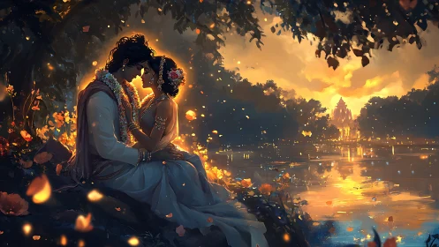 Couple with Floral Garlands at Dusk Overlooking River