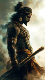 Warrior in quiet stormlight carrying timeless courage.