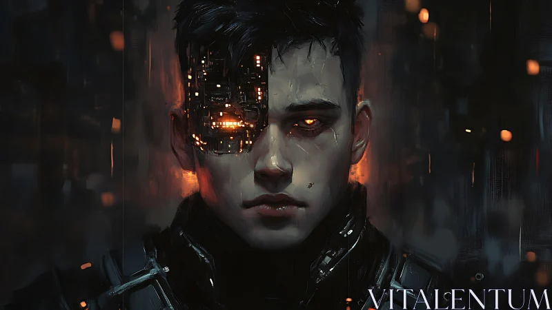 Cybernetic loner with burning eye in neon-soaked shadows.