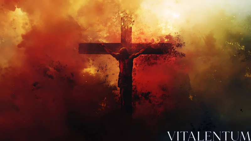 Crucifix silhouette dissolving in fiery atmospheric haze.