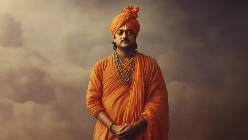 Serene spiritual devotee stands calm in soft golden light