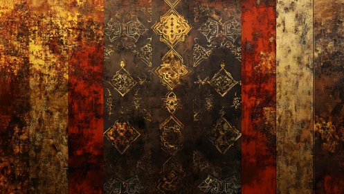 Ornate Abstract Pattern on Rusty Gold and Red Textured Background.