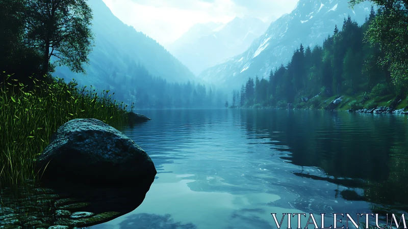Mountain lake with forested shoreline under misty light.
