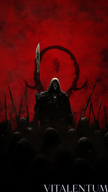Hooded skeletal warlord leading dark army on red field.