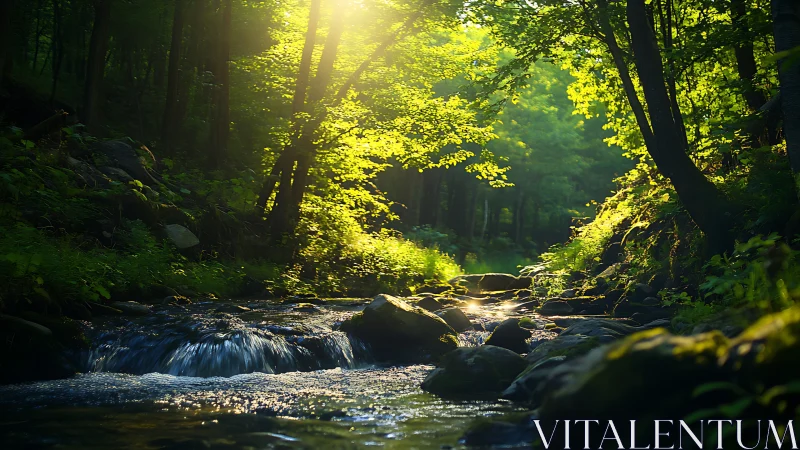 Forest Stream with Backlighting: Cascading Water Through Dense Deciduous Canopy.
