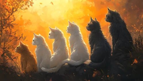 Five Wolves Silhouetted in Autumn Sunset Glow