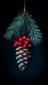 Pine cone cluster hangs under evergreen sprig on dark background