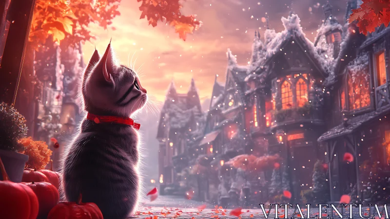 Striped kitten near pumpkins in snow-dusted village street.