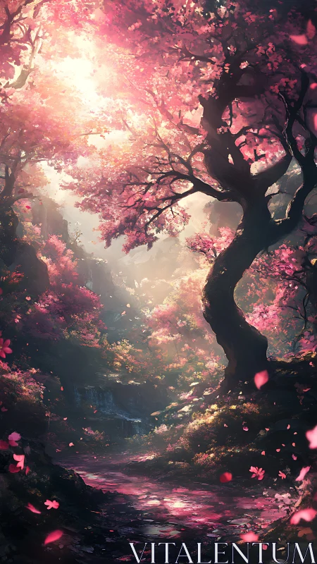 Enchanted cherry grove glows under cascading petals.