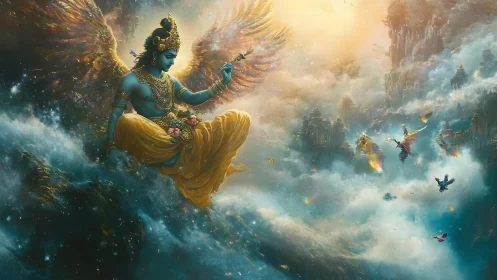 Celestial blue deity drifting through sunlit cloud kingdoms.