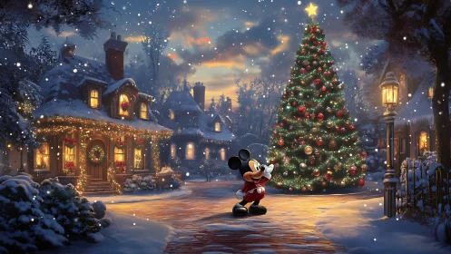 Mickey celebrates a snowy village Christmas under glowing lights.