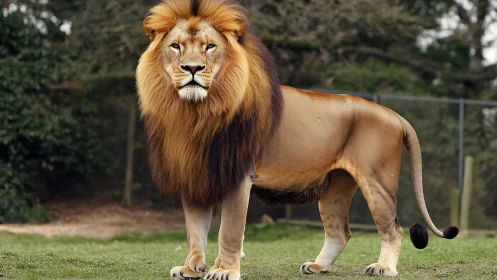 Regal lion stallion under quiet zoo garden skies.