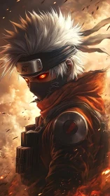 Masked anime warrior stands amid swirling battlefield flames