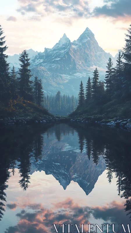 Snowy mountain peak mirrored in calm forest lake at dawn.