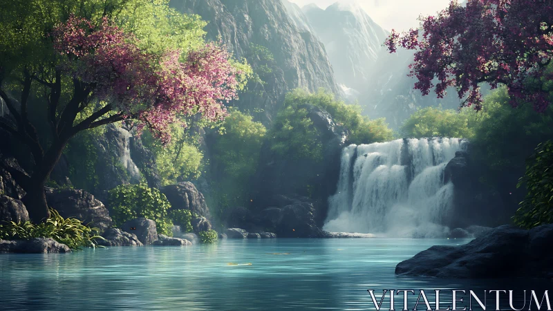 Serene turquoise waterfall framed by misty cliffs and blossom trees.