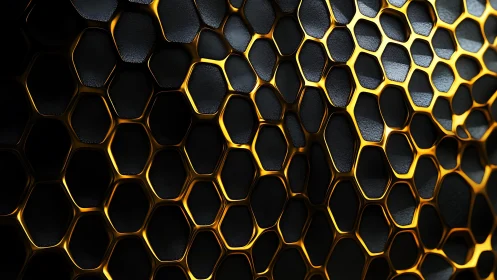Abstract honeycomb pattern in black and gold metallic style.
