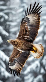 Majestic winter eagle gliding gracefully through soft snowfall.