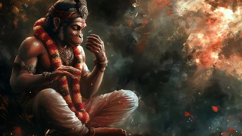 Divine monkey sage in ember-lit cosmic meditation dream.